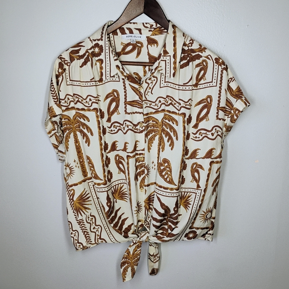 Rose & Olive Tropical Button Down Top Womens XL Tie Front Vacation Coastal Beach